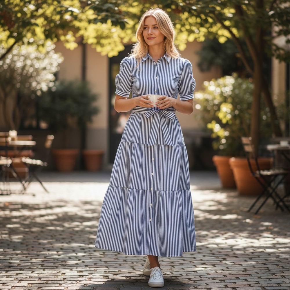 Blue White Striped Tiered Cotton Maxi Shirt Dress Short Puff Sleeve S QSPGL11324
